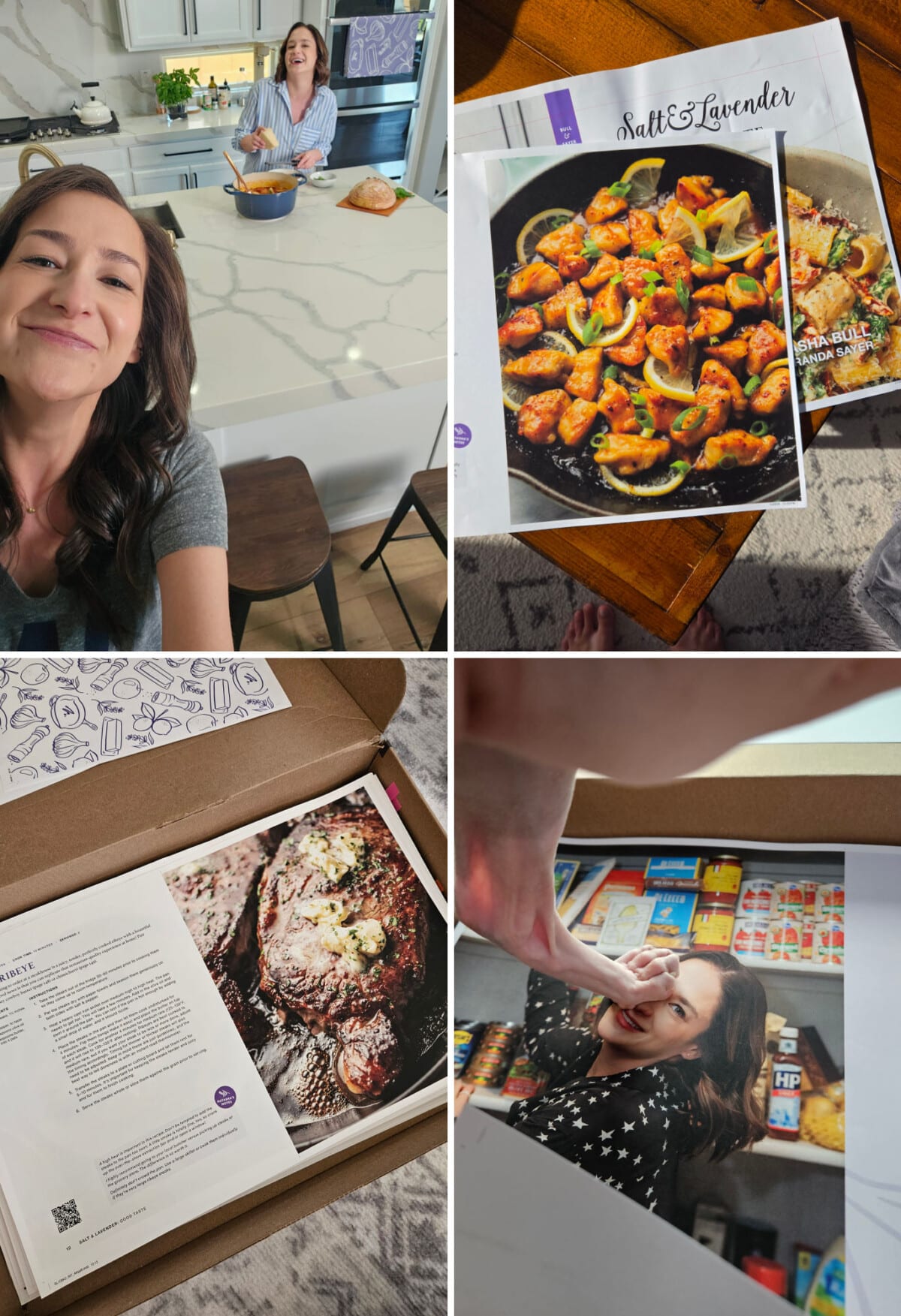 a collage featuring the process of making the salt and lavender good taste cookbook