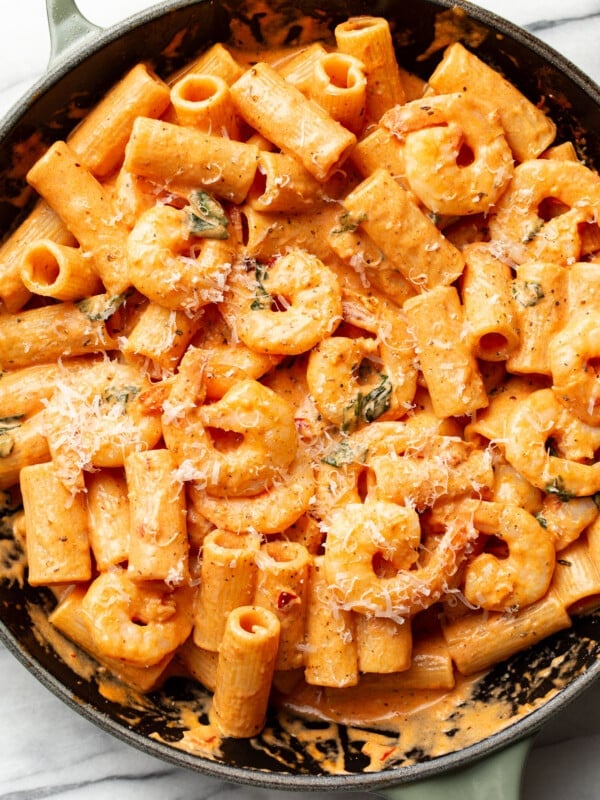 a skillet with spicy shrimp rigatoni